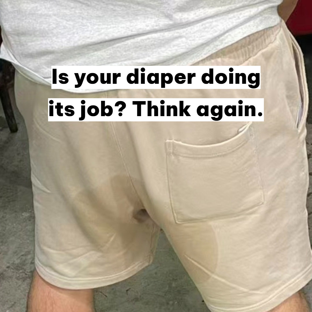 Diaper seepage wet patch on shorts - adult incontinence leakage Singapore