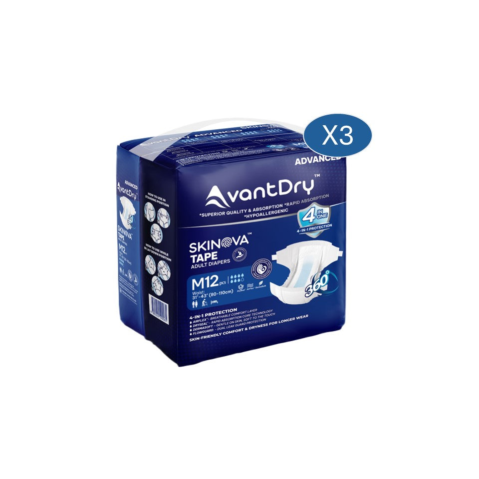 AvantDry Skinova Advanced Tape Adult Diaper – Medium (36 pcs) | Skin-Focused Comfort