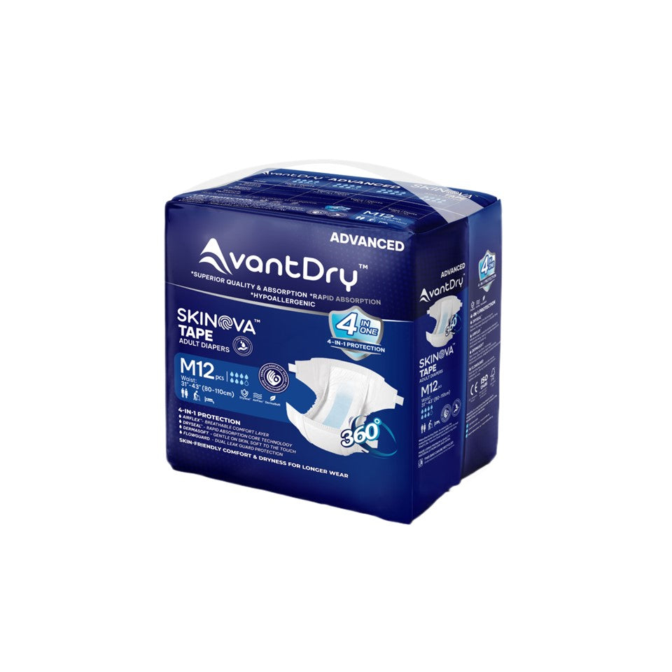 AvantDry Skinova Advanced Tape Adult Diaper – Medium (72 pcs) | Skin-Focused Comfort