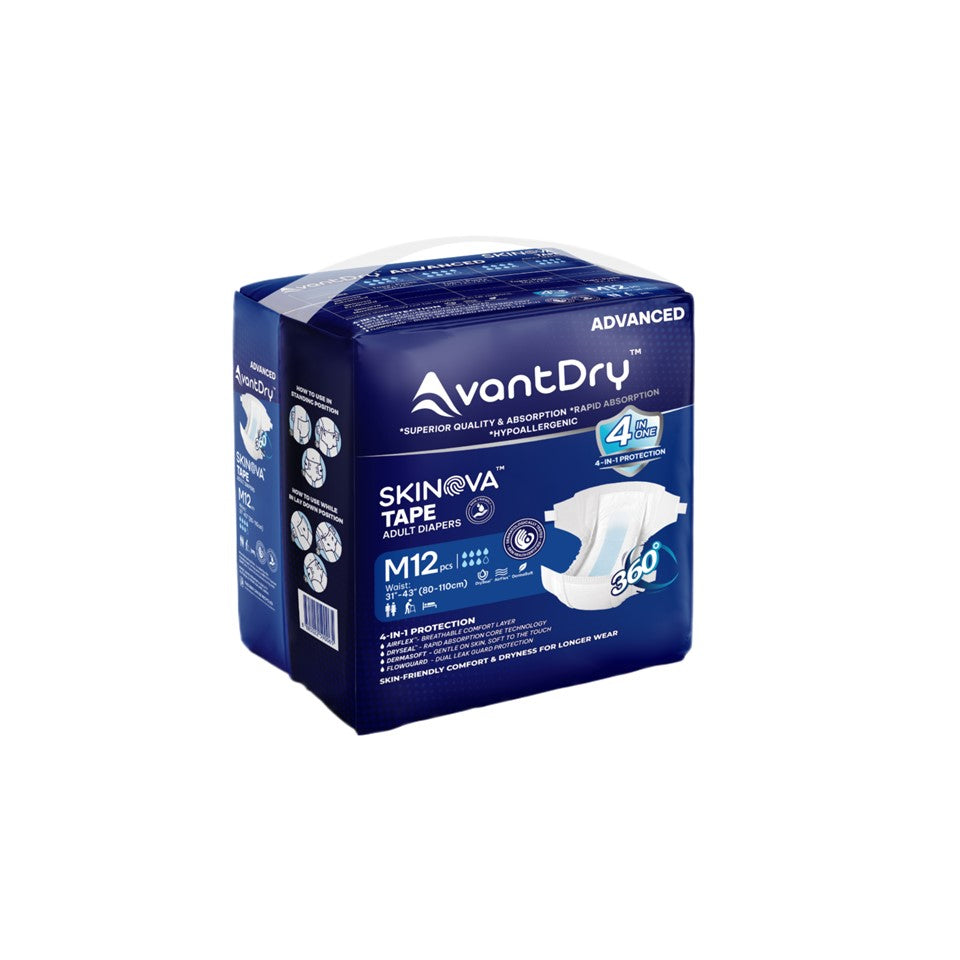 AvantDry Skinova Advanced Tape Adult Diaper – Medium (72 pcs) | Skin-Focused Comfort