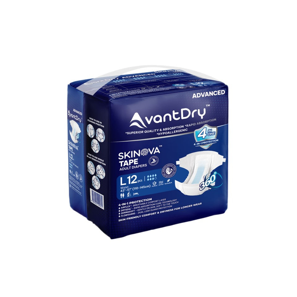 AvantDry Skinova Advanced Tape Adult Diaper – Large (12 pcs) | Skin-Focused Comfort